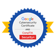 Google Cybersecurity Certificate & CompTIA Security+ dual credential badge image. Issued by Coursera