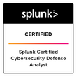 Splunk Certified Cybersecurity Defense Analyst badge image. Issued by Splunk
