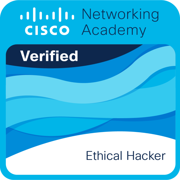 Ethical Hacker badge image. Learning. Intermediate level. Issued by Cisco