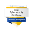 Google Cybersecurity Certificate badge image. Issued by Coursera